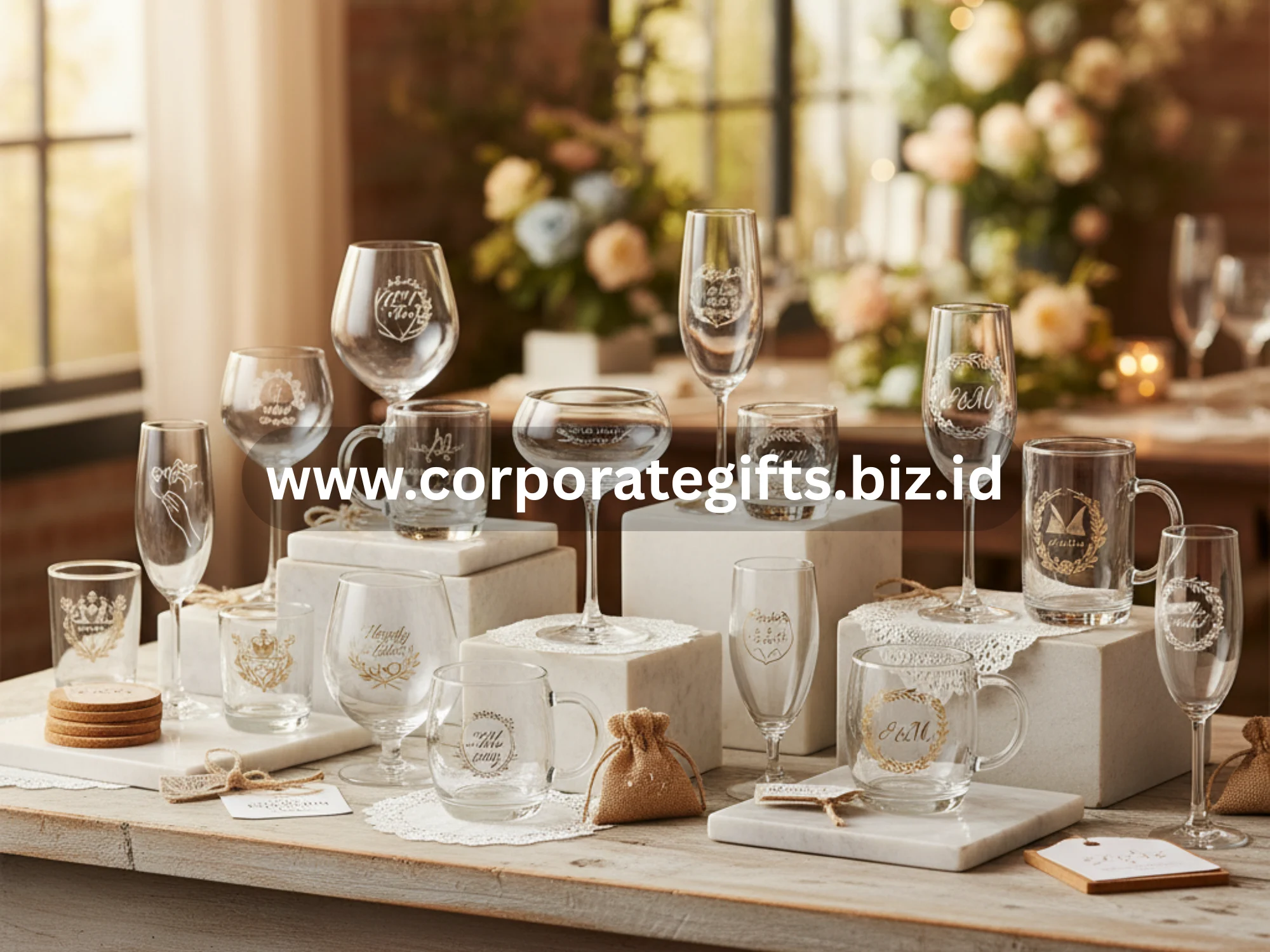 Souvenir gelas kaca pernikahan dengan desain unik